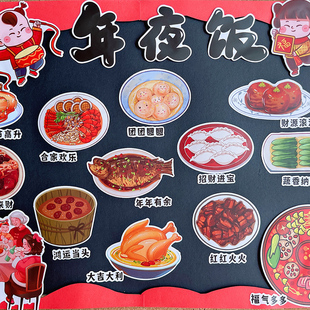 新年春节除夕年夜饭手抄报贴纸中国传统文化识字报绘本相册贴画