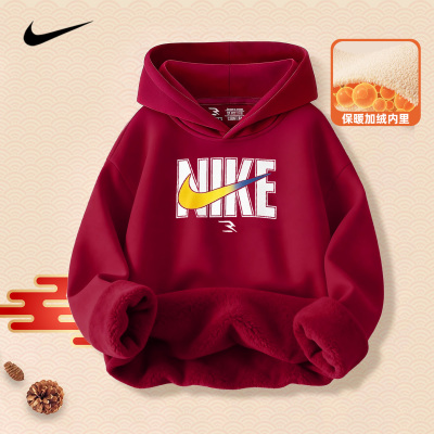 NIKE2025新款新年款红色卫衣男秋冬季男童男款连帽加绒加厚外套潮