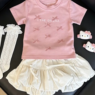 女童套装夏薄款2026新款儿童甜美洋气粉色蝴蝶结短袖上衣米色短裙
