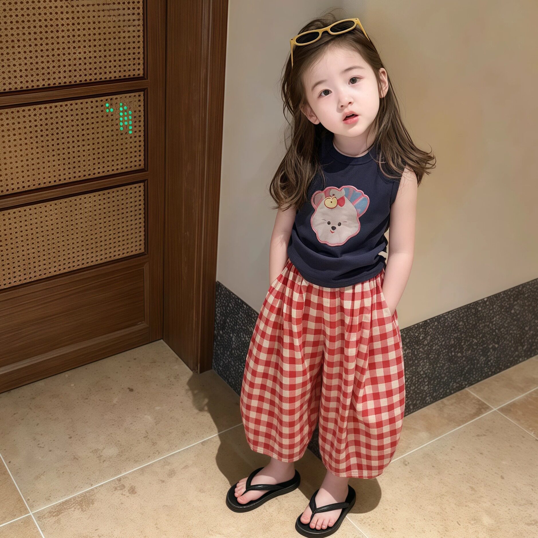 韩范童装女童夏季套装2026新款洋气女宝巨好看卡通背心红色格子裤