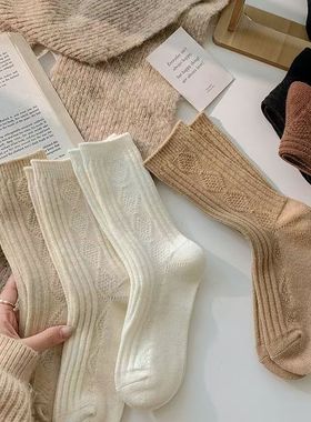 羊毛袜子女秋冬季加厚保暖中筒袜纯色双针羊绒日系菱格纹堆堆长袜