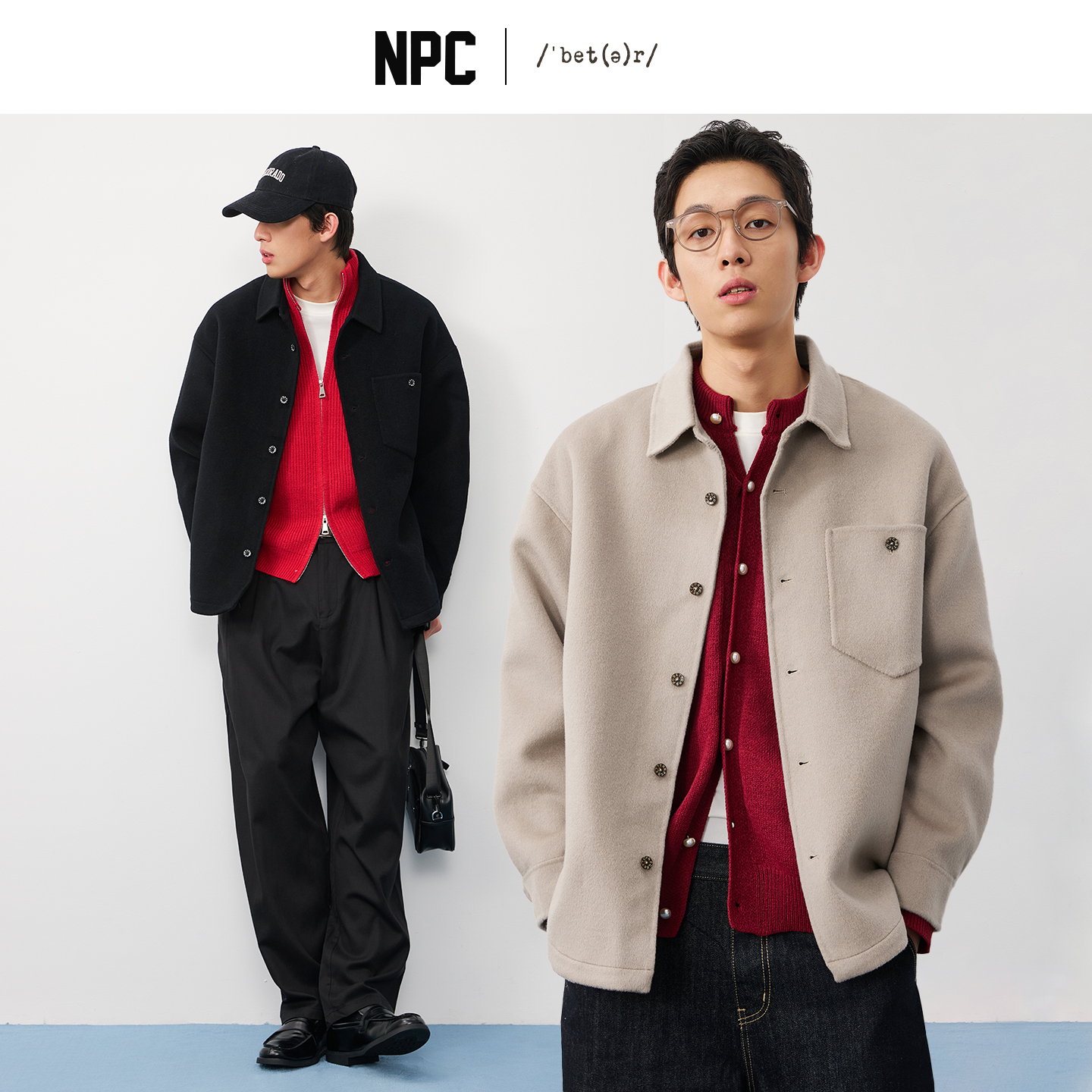 NPC潮牌100%绵羊毛双面翻领衬衫毛呢男装秋冬休闲宽松NP57WC42