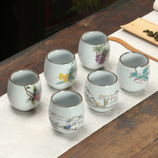 月白色汝窑茶杯功夫茶具品茗杯手绘陶瓷可养开片主人杯小茶碗茶杯