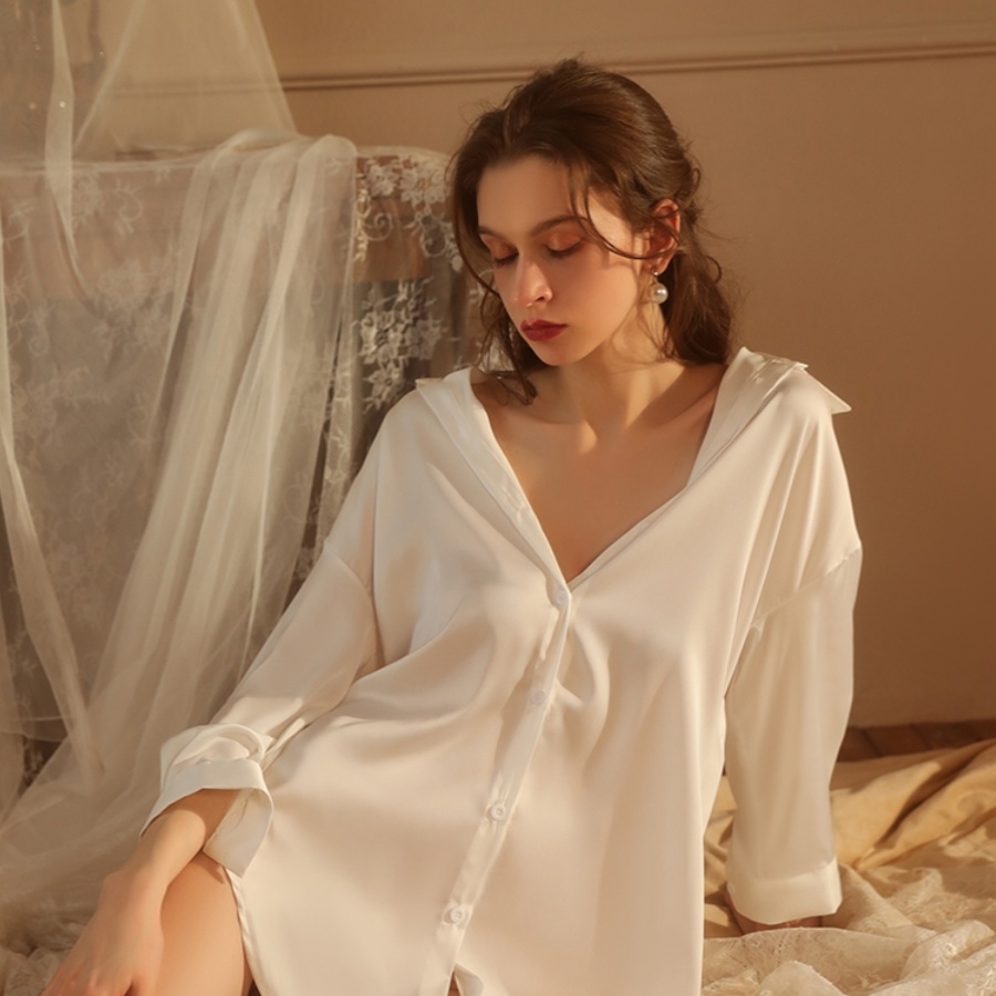 秋冬季冰丝衬衫睡裙男友风纯欲风性感薄款丝绸七分袖睡衣女可外穿