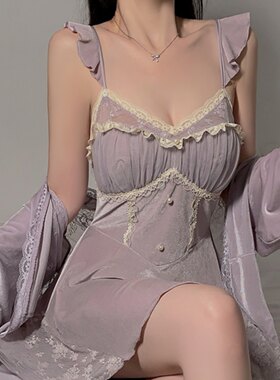 性感睡衣女款带胸垫法式蕾丝冬天金丝绒高级感纯欲风吊带睡裙套装