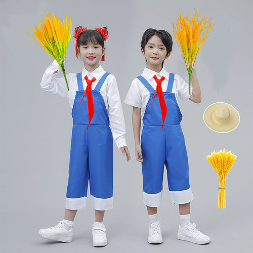 稻田里的中国演出服禾下乘凉梦儿童舞蹈服草帽子稻穗背带裤表演服