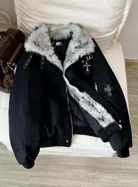 Nuneon美式毛领座山雕十字架棉衣棉服男女情侣冬季加厚保暖外套潮