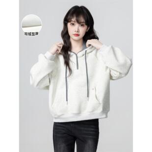 浅灰色连帽加绒卫衣女秋冬2025冬季新款宽松加厚套头帽衫短款上衣