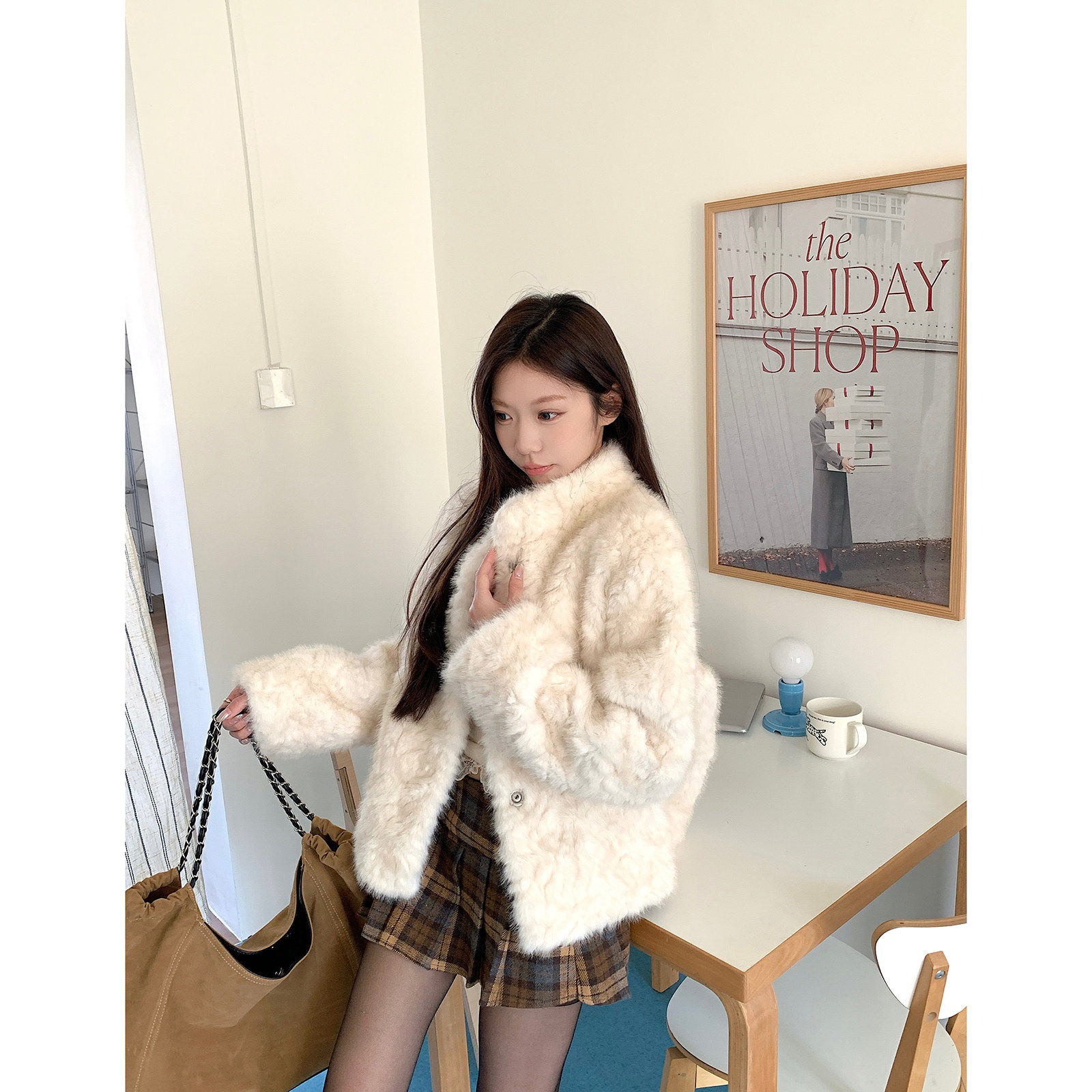 可可里自制~仿皮草加厚保暖时尚外套秋冬立领宽松毛毛开衫上衣女