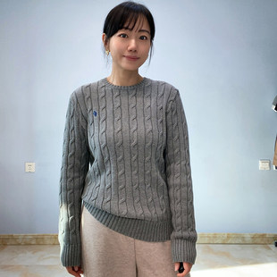 高品质！350G秋冬厚款100%纯棉纱线 麻花圆领套头打底针织衫毛衣