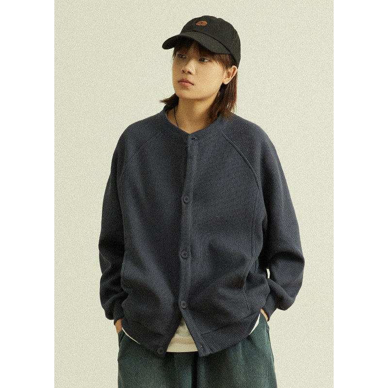 日系复古开衫卫衣 中性男女同款咖啡色纯色圆领长袖外套