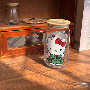 凯蒂猫Hello Kitty可爱卡通水杯玻璃杯咖啡杯吸管杯 500ml