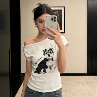 胖MM美式 设计感显瘦气质短款 复古斜肩短袖 新款 上衣 T恤女夏季 大码