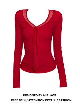 大码胖mm新年红色系带v领长袖T恤女秋冬新款显瘦修身气质绝美上衣