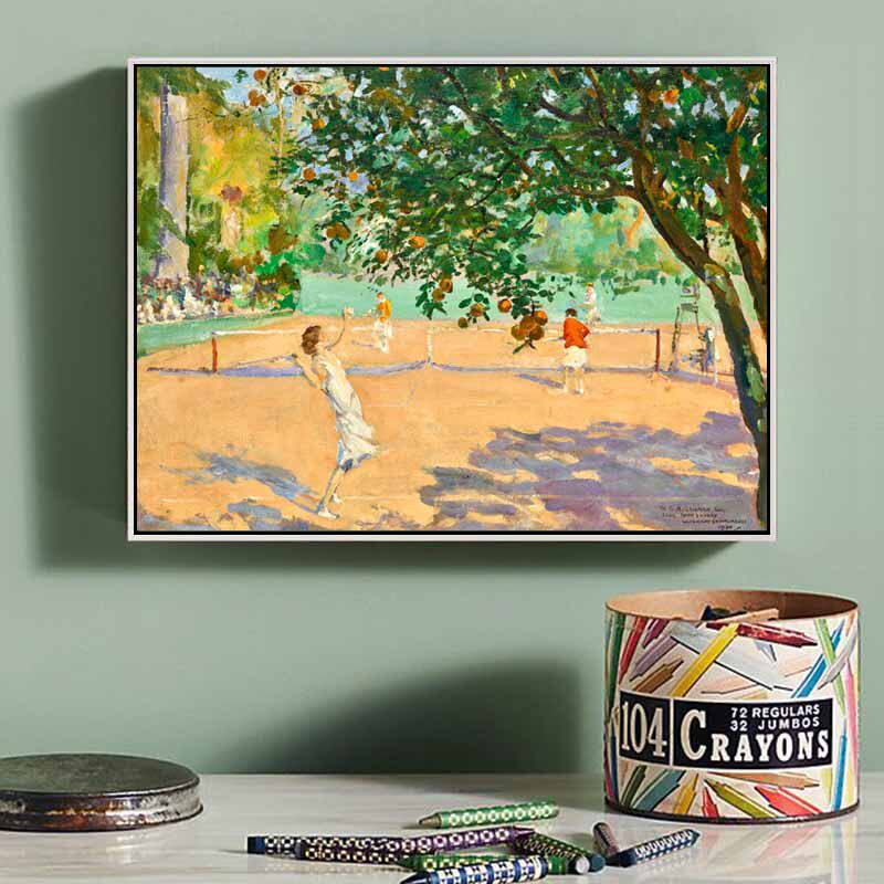 橘子树下的网球 欧式人物风景装饰画 现代客厅餐厅壁画小众挂画