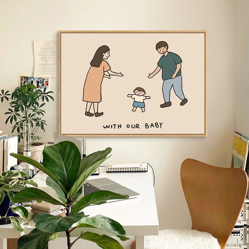北欧ins客厅装饰画现代简约原木风卧室走廊挂画一家人餐厅摆台画图片