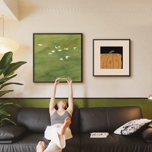 柿柿如意中古风绿色风景画客厅装饰画餐厅桌面摆画墙面艺术挂画