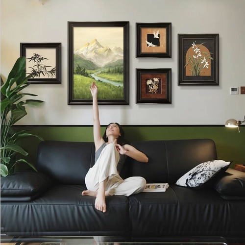 中古风客厅装饰画沙发背景墙挂画法式挂画复古油画五联组合壁画