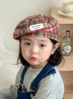 儿童帽子春秋季贝雷帽女童复古洋气画家帽宝宝格子毛呢八角帽秋冬