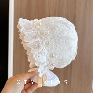 珍珠蕾丝花边宫廷帽甜美公主风宝宝护耳胎帽 婴儿帽子女春秋洋气季