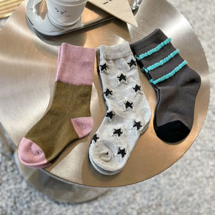 儿童袜子2024秋冬新款 女童宝宝纯棉复古网红ins潮拼色中筒袜时尚