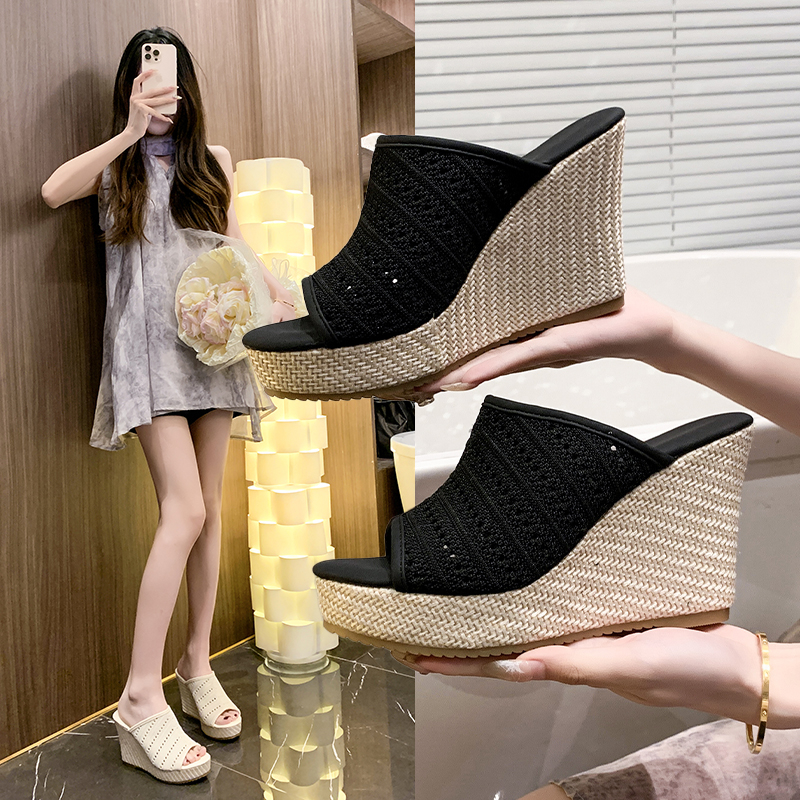 复古超高跟编织半拖鞋女凉拖鞋