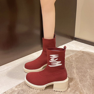高帮袜子鞋女2024新款秋季弹力瘦瘦飞织袜靴厚底休闲针织马丁短靴