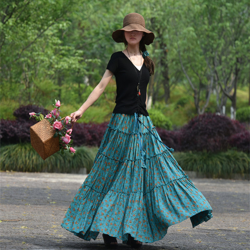 碎花半身裙雨荷素心超大擺