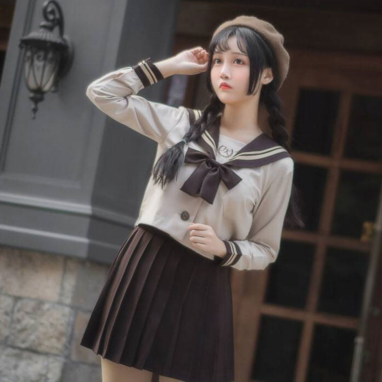 日系JK制服奶茶色校服母子襟水手服软妹百褶裙班服学院风两件套装