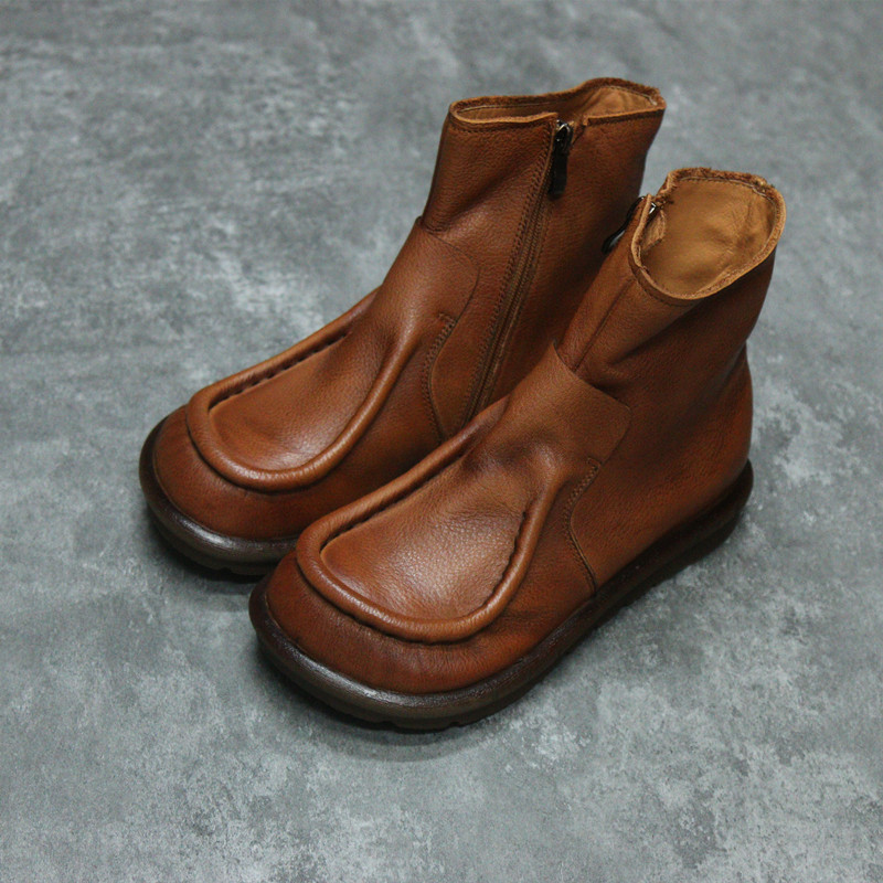 668-41花藤萝蔓 牛皮休闲侧拉链大头圆头平底软底真皮女靴女短靴,女鞋,骑士靴,淘宝优惠券,粉丝福利购,淘宝优惠卷