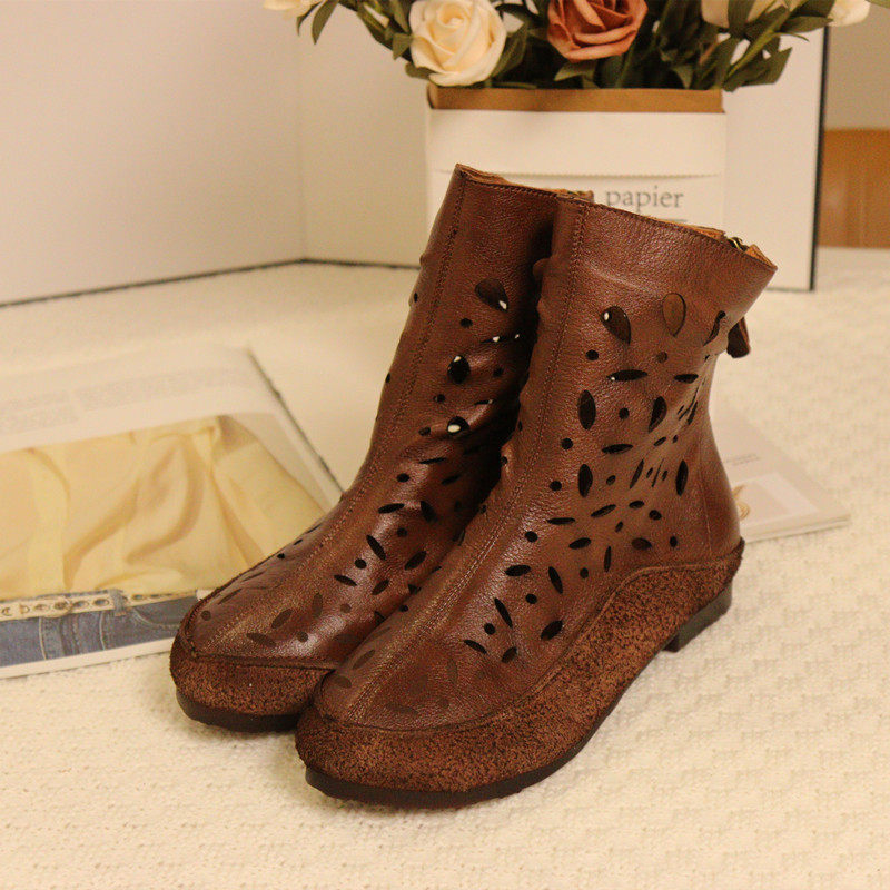 3088-11花藤萝蔓 牛皮休闲圆头后拉链镂空平跟软底真皮女靴女凉靴