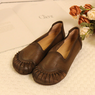 女单鞋 牛皮圆头浅口套脚褶皱休闲平跟真皮女鞋 3花藤萝蔓 269