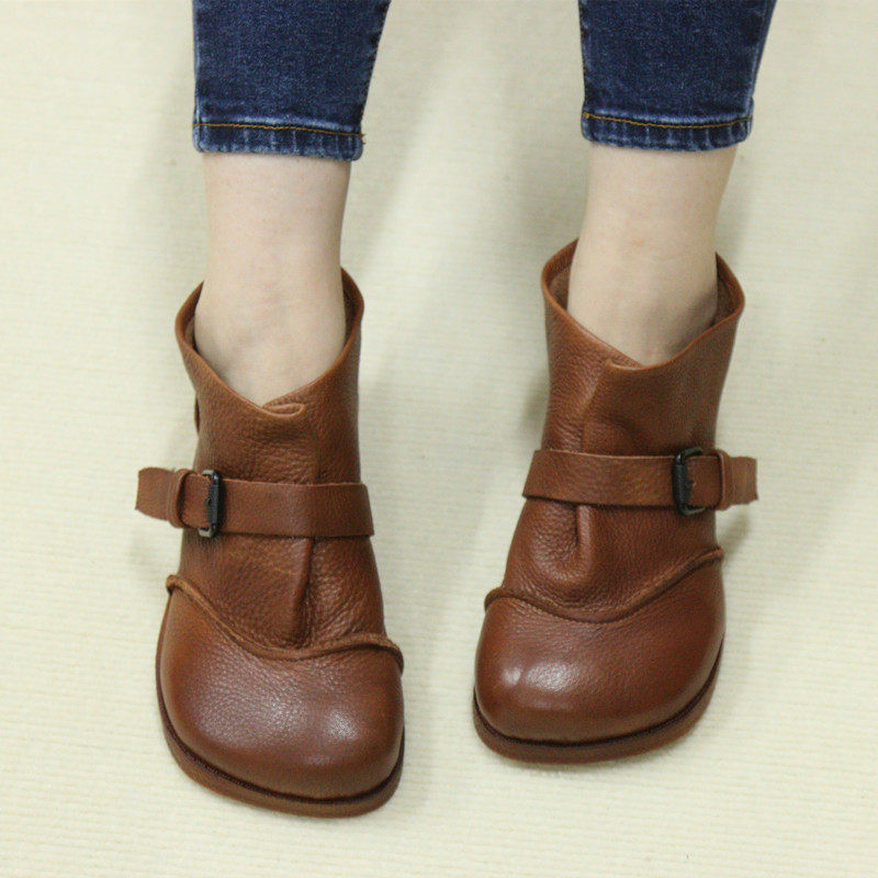 花藤萝蔓 牛皮方头套脚休闲低跟方跟软底软面柔软舒适真皮女短靴
