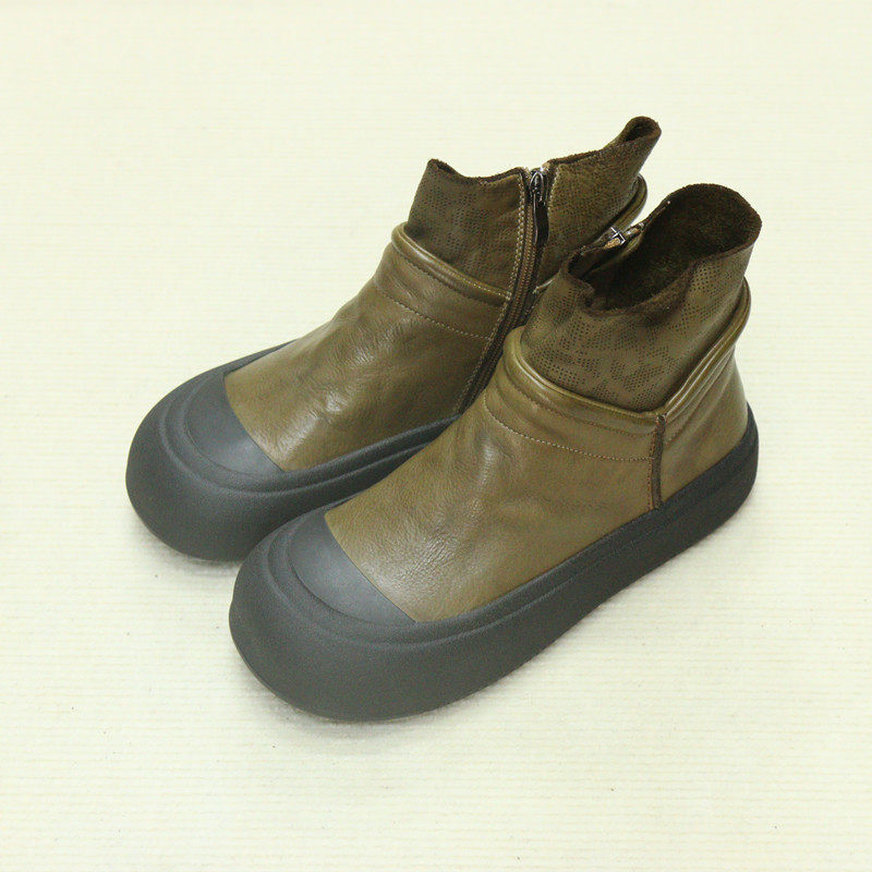 601-3花藤萝蔓 牛皮圆头厚底软底平底侧拉链休闲真皮女靴女短靴,女鞋,骑士靴,淘宝优惠券,粉丝福利购,淘宝优惠卷