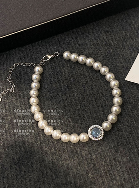 海蓝宝6mm强光S家珍珠手链纯银