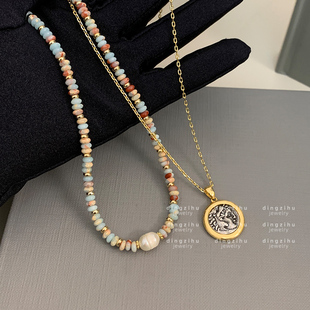 复古金币毛衣链女中古风颈链天然石颈链珍珠项链2024新款爆款时尚