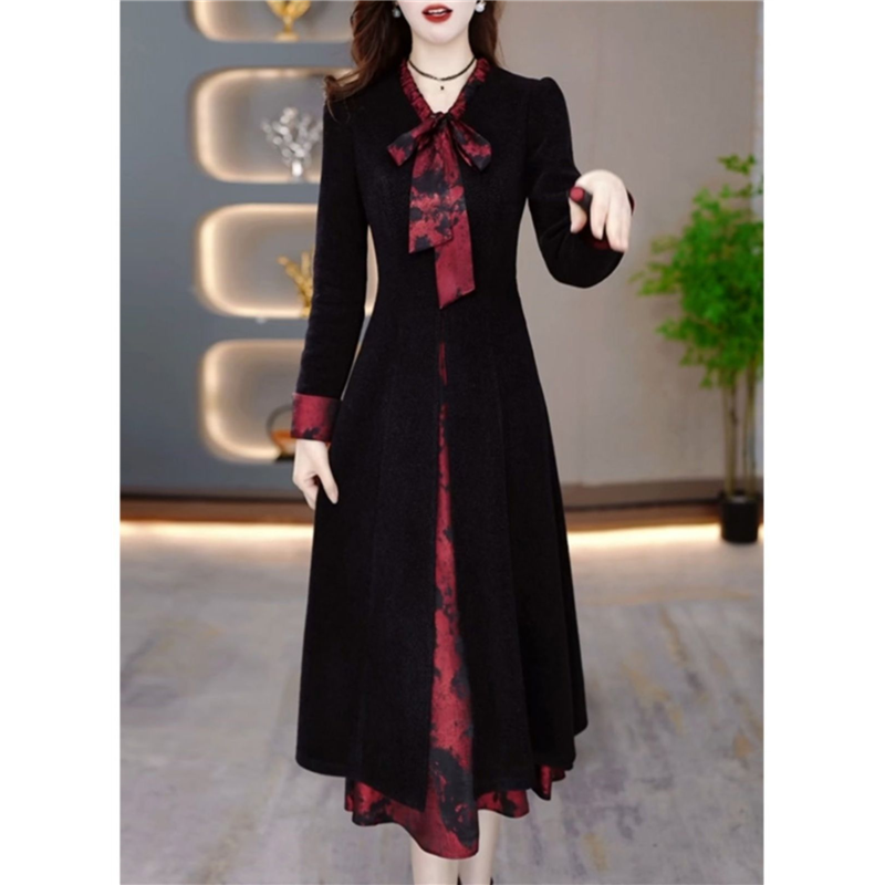 贵夫人洋气加厚假两件连衣裙女