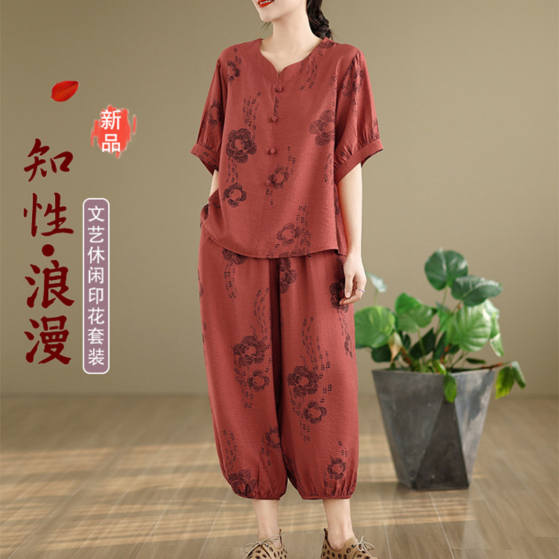 高端时尚休闲冰丝棉麻上衣遮肚子妈妈装减龄套装夏季新款女士衣服