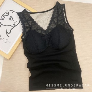 2115加绒V领打底背心 加厚无袖 带乳胶垫 蕾丝性感 磨毛 保暖 冬装