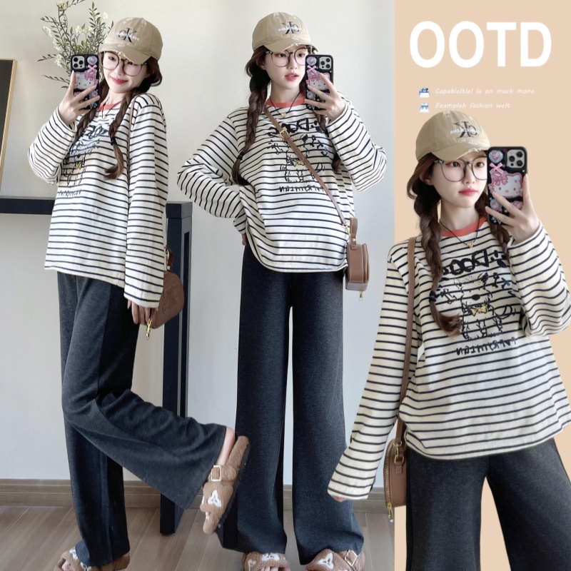 孕妇装春装显瘦长袖条纹上衣2025新款韩版套头T恤怀孕卡通卫衣女