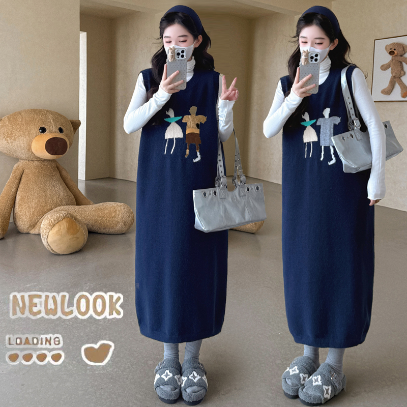 宽松大码孕妇装秋冬季毛衣背心裙＋打底衫两件套显瘦中长款连衣裙