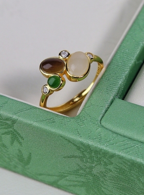 和田玉多宝多福彩色宝石戒指女