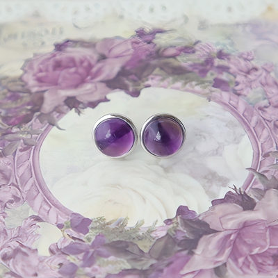 天然紫水晶耳钉S925银镀18K金