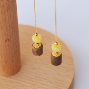 蜜蜡檀香耳线白花蜜耳饰简约民族风饰品配中古风服饰首饰国风耳坠