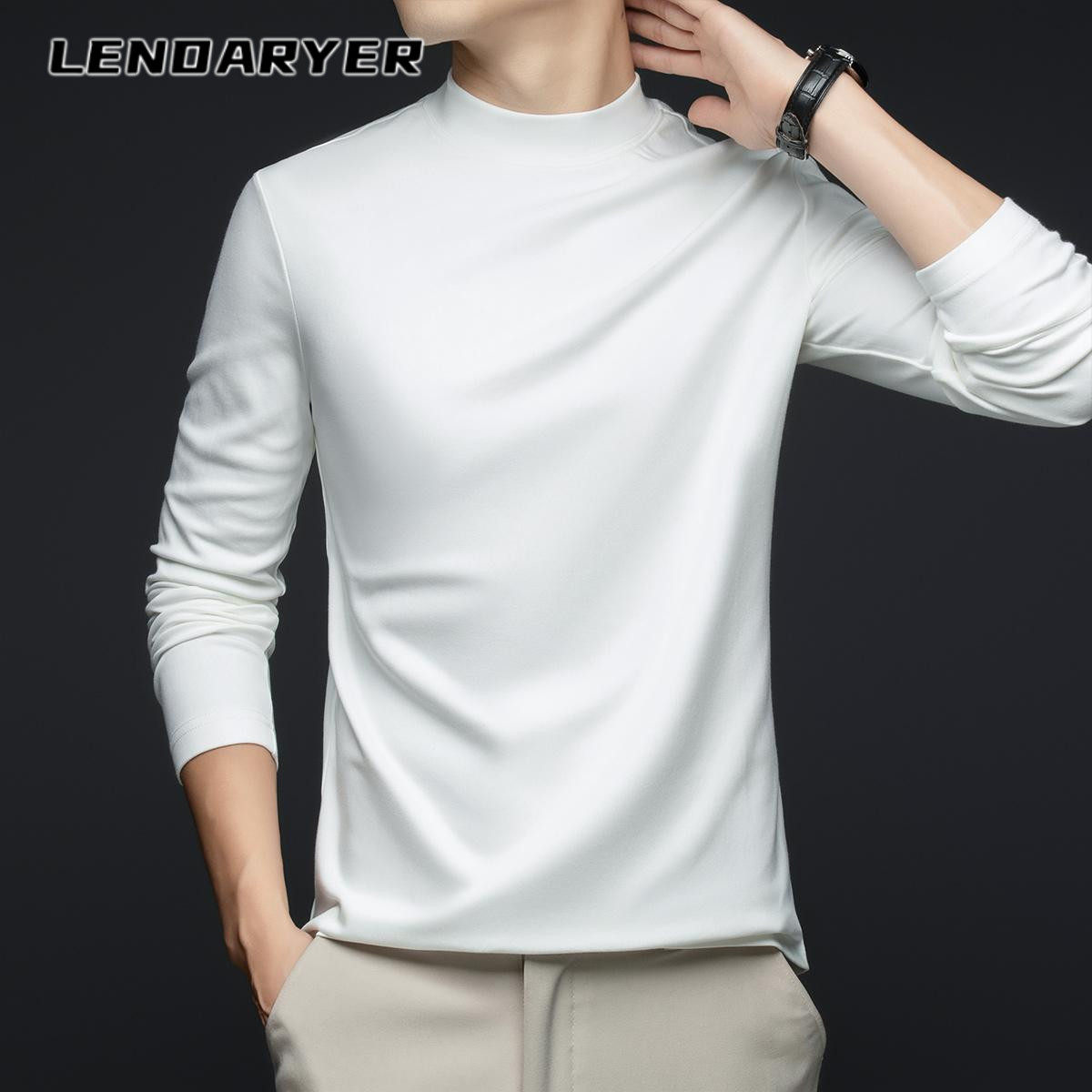 LENDARYER高端莫代尔长绒棉长袖T恤男春秋新款半高领休闲打底衫男