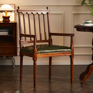 乡村真皮餐椅实木橡木酒店咖啡厅样板房椅卧室书房靠背书桌椅 美式