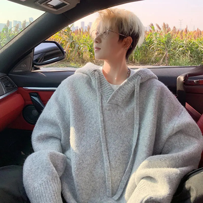 灰色连帽针织毛衣男款秋冬季韩系慵懒风美式复古cleanfit毛线外套