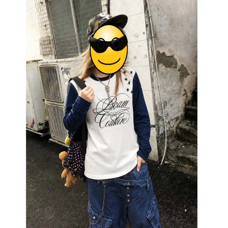 「鸢尾剑语」星星条纹袖撞色草写印花正肩街头长袖T恤男2026上衣