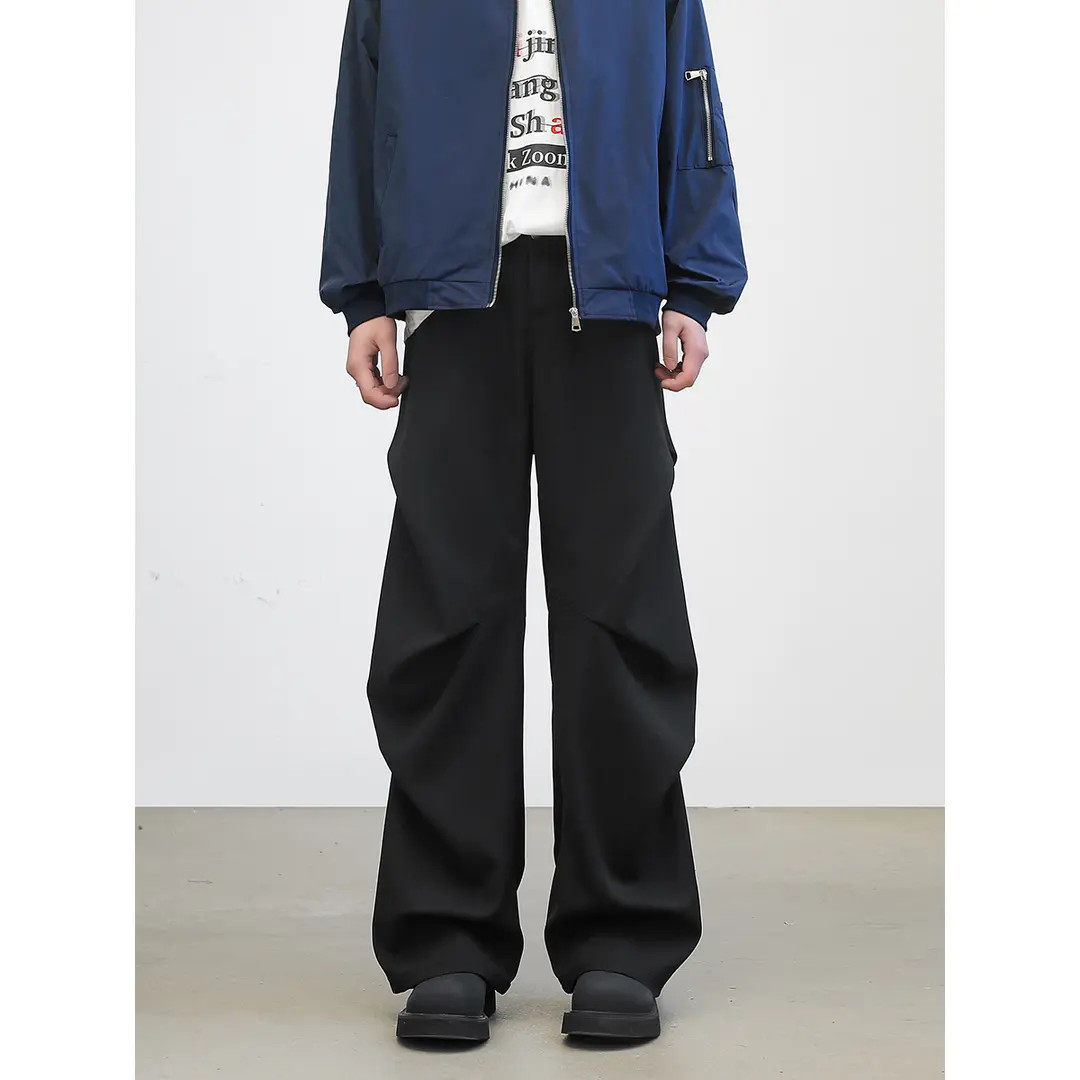 春季美式宽松褶皱西裤阔腿微喇垂感休闲裤百搭黑色西裤男巴黎神裤