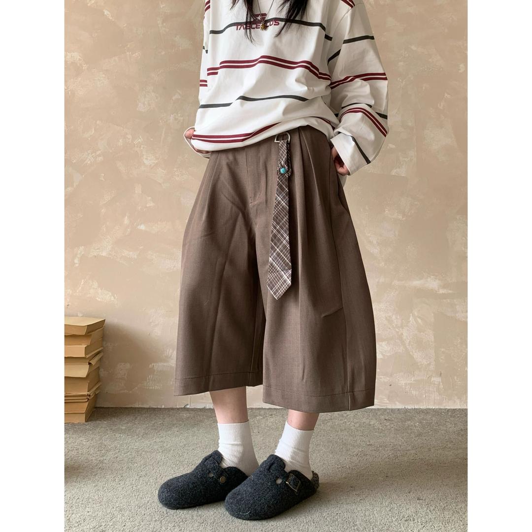 日系复古褶皱休闲七分西裤短裤男女宽松显瘦垂感简约百搭阔型夏季